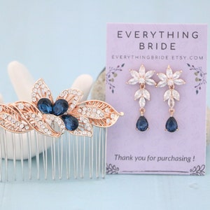 Navy blue Wedding hair comb Blue drop Bridal earrings Rose gold Bridal hair comb Simple Blue earrings Bridal hair jewelry Wedding comb Side