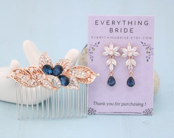 Navy blue Wedding hair comb Blue drop Bridal earrings Rose gold Bridal hair comb Simple Blue earrings Bridal hair jewelry Wedding comb Side