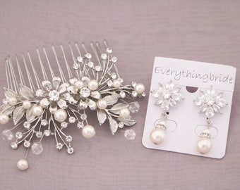 wedding pearl hair piece crystal comb bridal hair comb side Wedding hair accessories for bun Pearl drop Bridal earrings Wedding jewelry set