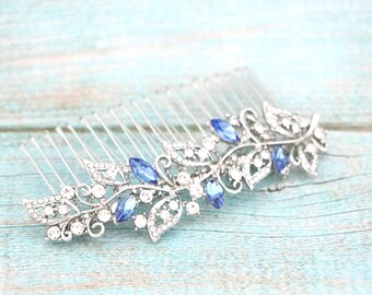 Crystal Bridal Hair Comb Emerald Sapphire Blue Wedding Headpiece Gold veil comb Navy blue Wedding hair clip Bridal hair acessories Blue comb