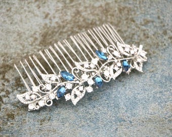 Silver Wedding hair comb Side bridal headpiece Wedding hair jewelry Sapphire Crystal hair combn Navy blue Bridal hair comb Wedding hairclip