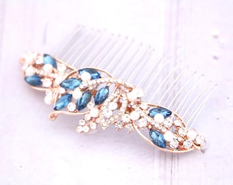 Rose gold  Wedding Hair Comb: Sapphire Crystal Bridal Headpiece Gold bridal hair clip Blue hair jewelry Navy blue Wedding hair piece Wedding