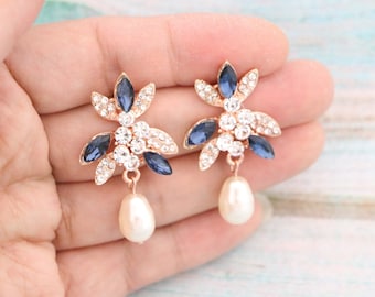 Something Blue Earrings Crystal Bridal Earring Navy rhinestone bridal earrings Navy Blue Bridesmaids Earrings Gift For Her Rose gold earring
