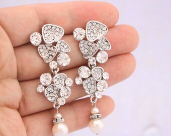 Pearl drop earring pearl chandelier earrings Silver Wedding earrings Rhinestone earrings Gold Bridal earring Crystal earring mother of bride