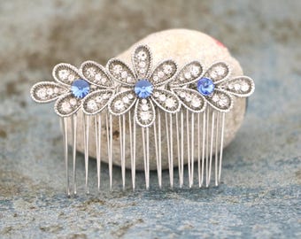 Sapphire Blue Crystal Bridal Hair Comb, Rhinestone Wedding Hair Accessory Navy blue Wedding hair clip Gold veil comb Rose gold haircomb Side
