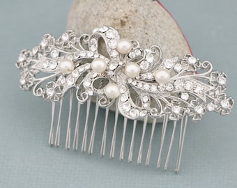 Silver Wedding hair comb Pearl side comb Wedding hair piece Wedding hair accessories floral Bridal hair comb Wedding hair bling Wedding comb