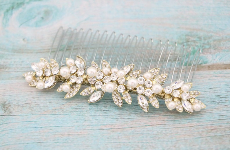 Gold Bridal hair comb with pearl drop Wedding earrings Blue hair jewelry earrings Wedding hair comb Vintage style Wedding comb Earrings Boho image 5