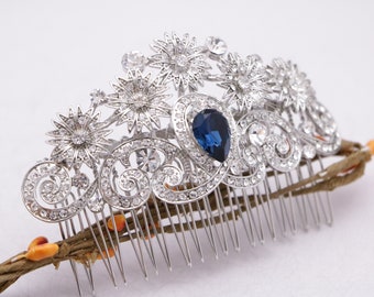 Rhinestone bridal hair comb bridal veil comb wedding hair comb blue silver Bridal hair accessories for bun Bridal hair comb updo Bridal comb
