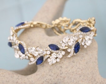 Bracelet bijoux de mariage en or Bracelet strass bleu marine Bijoux de mariée Bracelet bracelet de mariée en or rose Bracelet de mariage en argent Bling