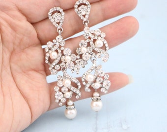 Fresh water pearl crystal earrings Long Wedding earrings Bridal pearl earrings Gold Bridal earrings drop pearl chandelier earrings Rose gold
