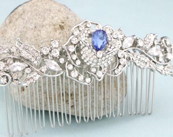 Silver Wedding comb Blue hair jewelry Wedding hair accessories for bun Wedding hair comb Rhinestone Bridal hair comb Navy blue Bridal comb