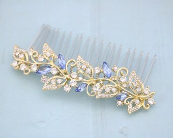 Bridal hair comb Gold veil comb Wedding hair piece Wedding hair accessories Bridal hair bling Blue hair jewelry Navy blue hair comb Sapphire