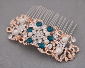bridal comb hairpiece floral wedding haircomb blue silver Wedding comb Rose gold Bridal hair comb Navy blue Wedding headpiece Gold blue comb