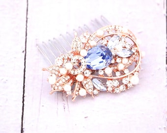 Sapphire Blue Crystal Bridal Hair Comb, Rhinestone Wedding Hair Accessory Rose gold Wedding hair clip Bridal hair clip Navy blue hair comb