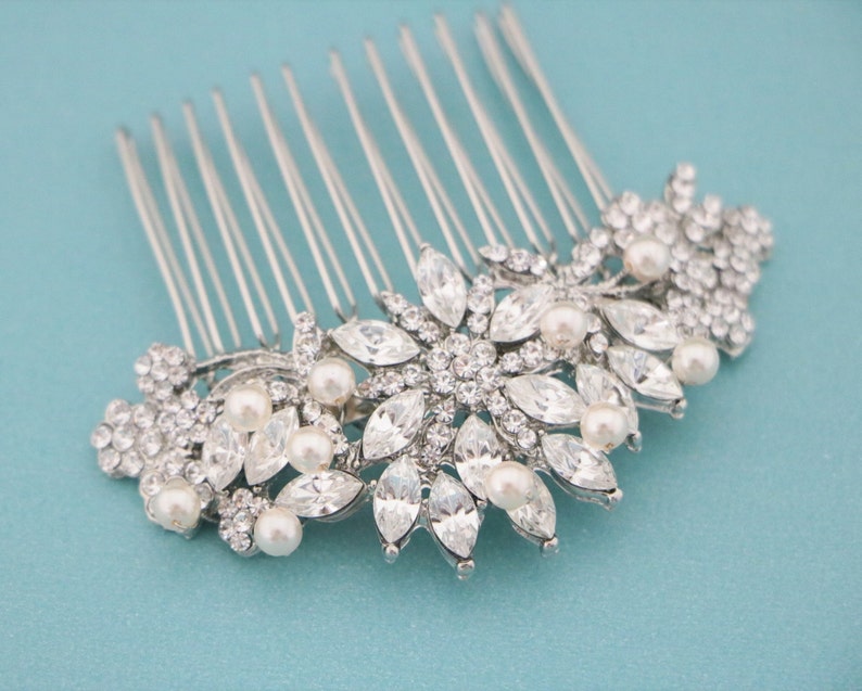 Bridal hair comb Side bridal headpiece Rhinestone hair piece Wedding hair comb Crystal hair comb Pearl drop Wedding earrings Wedding comb in image 5