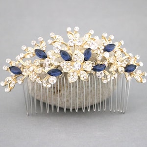Bridal veil comb Navy hair comb Wedding hair comb blue Gold Wedding hair comb Side Bridal headpiece Wedding hair jewelry Light Sapphire comb