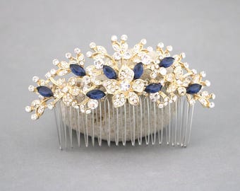Bridal veil comb Navy hair comb Wedding hair comb blue Gold Wedding hair comb Side Bridal headpiece Wedding hair jewelry Light Sapphire comb