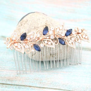 Navy blue Wedding comb Rose gold Bridal hair piece Side bridal headpiece Wedding hair jewelry Bridal hair accessories for bun Gold veil comb