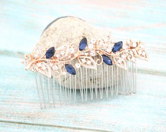 Navy blue Wedding comb Rose gold Bridal hair piece Side bridal headpiece Wedding hair jewelry Bridal hair accessories for bun Gold veil comb