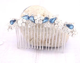 Silver Rhinestone Bridal Hair Comb with Indicolite Blue Crystals Montana blue hair comb Navy blue Wedding hair comb Side Bridal headpiece
