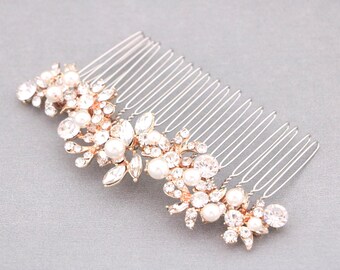 Rhinestone Pearl Bridal Hair Comb: Rose Gold Wedding Headpiece Wedding hair clip Small or Large Bridal hair clip Wedding hair accessories