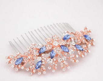 Sapphire Blue Wedding hair comb Rose gold Wedding comb updo Wedding hair accessories for bun Navy blue Bridal hair comb Blue Crystal Comb