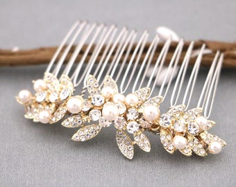 Pearl Rhinestone Bridal Hair Comb: Gold Wedding Hair Accessories
