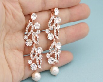bridal earrings drop pearl earrings Rose gold bridal earrings dangle Gold Rhinestone earrings Long Pearls Earrings pearl chandelier earrings