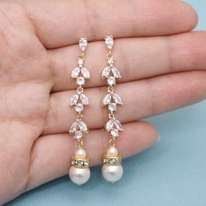 wedding earrings dangle Pearl and Crystal Leaf Earrings Bride Earrings Gold Pearl drop Bridal earrings Rose Gold Bridal Pearl Earrings CZ