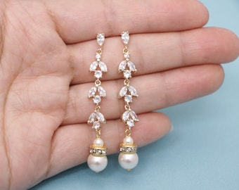 wedding earrings dangle Pearl and Crystal Leaf Earrings Bride Earrings Gold Pearl drop Bridal earrings Rose Gold Bridal Pearl Earrings CZ