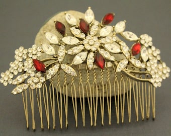 Vintage Gold Wedding hair comb Side bridal headpiece Red Bridal hair comb Side hair comb Blue hair jewelry Navy blue hair comb Bridal comb