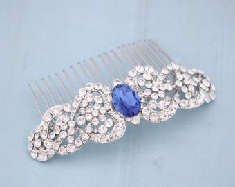 Wedding Hair Accessories for Bun Silver Wedding hair comb Sapphire Crystal comb Wedding hair jewelry Bridal hair comb Navy blue hair comb