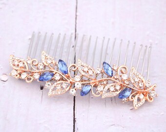 Rose gold Wedding hair comb Side bridal headpiece Navy blue Wedding comb Gold Bridal hair comb Sapphire Crystal hair comb Wedding hair clip