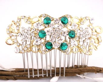 Silver Rhinestone Bridal Hair Comb with Navy Blue Crystal Green hair comb Gold veil comb Wedding hair accessories Bridal hair piece Wedding