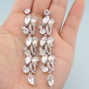Pearl drop Bridal earrings Long Wedding earrings wedding chandelier earrings bridal earrings dainty drop Rhinestone earrings Crystal earring