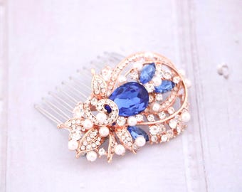 Silver Crystal Bridal Hair Comb, Emerald Sapphire Blue Wedding Headpiece Rose gold Wedding hair clip Navy blue Wedding comb Gold veil comb