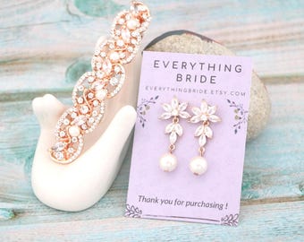 Rose gold Pearl Bridal Jewelry Set: Rhinestone Hair Comb & Drop Earrings Bridal hair clip Wedding barrette Gold Bridal hair comb earrings