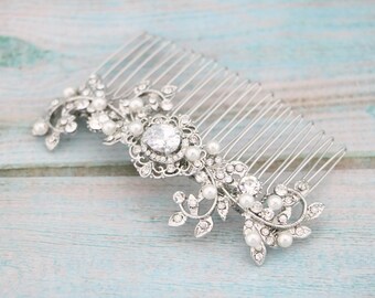 wedding silver hair piece bridal side headpiece sparkle hair comb Pearl Wedding hair comb Rhinestone Bridal comb Wedding hair accessories