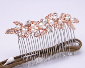 Bridal hair comb pearl and Crystal side comb Rose gold Wedding comb Wedding hair accessories Rhinestone hair piece Wedding hair comb updo