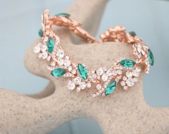 Rose gold Wedding jewelry bracelet Navy blue Bridal bracelet Gold Rhinestone bracelet Bridesmaid jewelry Bracelet Green Crystal bracelet