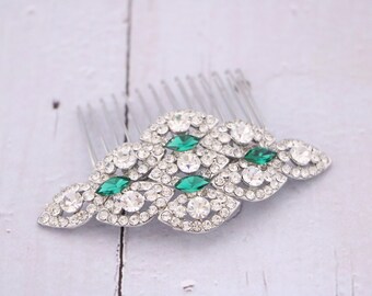 bridal hair comb side Bridal headpiece Green Wedding hair comb Crystal hair jewelry Wedding hair accessories for bun Silver Bridal comb Blue