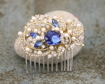 Gold Wedding hair comb Navy blue hair piece Wedding blue comb Bridal hair accessories Pearl hair comb Sapphire Bridal hair comb Side hairpin