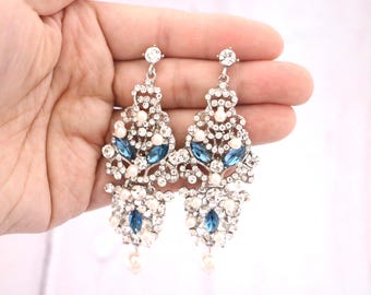 Silver Royal blue dangle earrings Long crystal wedding earrings Long Dark Blue Pearl drop Chandelier Earrings Blue Crystal Bridal Earrings
