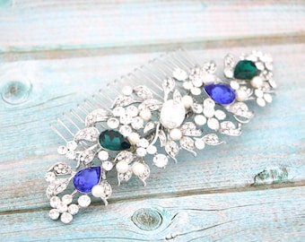 Blue and Green Wedding hair comb Pearl Wedding hair accessories Silver Bridal hair comb Rhinestone Wedding comb Crystal hair comb Navy blue