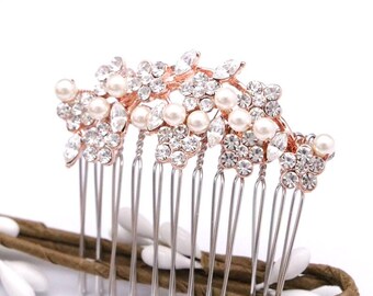 Rose gold Wedding hair comb Side bridal headpiece Crystal Wedding comb Bridal hair jewelry Pearl Bridal hair comb Rhinestone Wedding comb