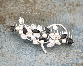 Silver Wedding hair comb Side Bridal headpiece Rhinestone Wedding comb Crystal Wedding hair piece Bridal hair comb Black Bridal comb Blue