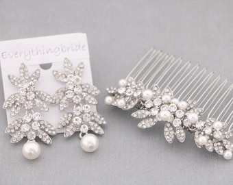 Pearl drop Bridal earrings and Wedding hair accessories Long Wedding earrings Swarovski Pearl Drop Dangle Earrings,Vintage Style Earrings