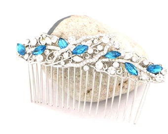 Sapphire Crystal Bridal Hair Comb:Silver Wedding Hair Accessory Indicolite Crystal hair comb Wedding hair clip Navy blue Bridal hair clip