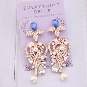 Lange Kristall Hochzeit Ohrringe Royal blau baumeln Ohrringe Blauer Saphir Hochzeit Ohrringe Brautschmuck Brautjungfern Ohrringe Perle Ohrringe