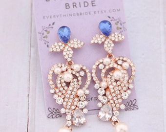 Long crystal wedding earrings Royal blue dangle earrings Blue Sapphire Wedding Earrings  Bridal Jewelry Bridesmaids Earrings Pearl earrings